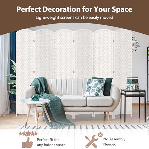 6 Panel Room Divider, 6 FT Wide Folding Screen Room Divider, Off White | Double Hinged Folding Screen Room Dividers for Patio Privacy - color: Off White, size: 6 Panels