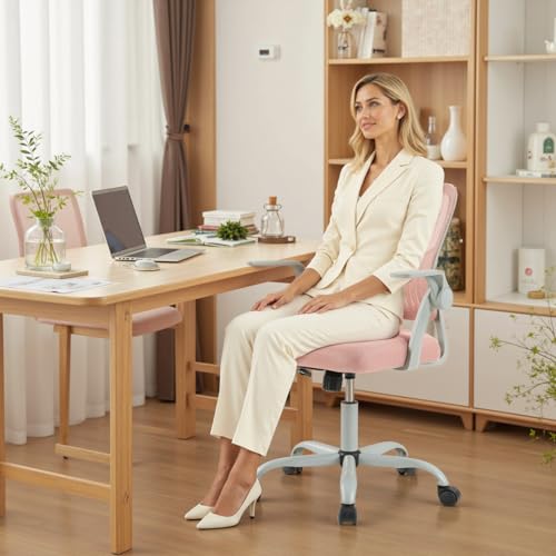 Sweetcrispy Computer Desk Chair, Home Office Chair, Lumbar Support | Flip Up Armrest, Adjustable Height, 360° Swivel Wheels, Ergonomic Mesh Mid-Back, Comfy Arms Bedroom Study - color: Pink, size: 23.22 Inch