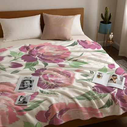 Pastel Pink Peony Flower Flannel Throw Blanket Soft Warm Cozy Throw for Women Mothers Blankets Decor Gifts for Bed Couch Sofa 40 X 50 Inch - size: 40 × 50 inch
