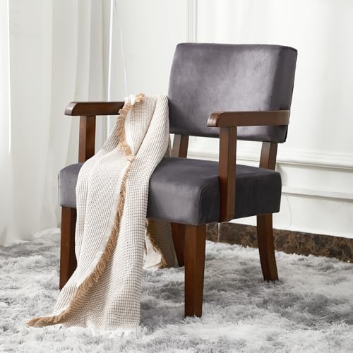 Velvet Accent Chair, Armchair with Solid Wood Frame and Legs, Gray | Living Room Chairs with Soft Thicken Cushion, Comfy Reading Chair for Bedroom, Waiting Room, Home Office, Easy Assembly - color: Velvet Gray, size: One Chair