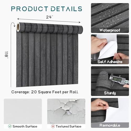 VEELIKE Charcoal Black Wood Slat Peel and Stick Wallpaper 24''x118'' Modern Wood Panel Look Contact Paper Waterproof Self Adhesive Slat Vinyl Wall Covering for Living Room Bedroom Office Accent Walls - color: Charcoal Black, size: 24" x 118"