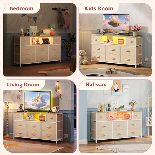 WLIVE LED Dresser TV Stand for 55 Inch TV, 8 Drawers, Cream White | Fits TVs up to 55 inch, 8 fabric drawers, LED chest of drawers, Built-in power outlet, Living room or bedroom - color: Cream White