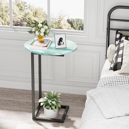C Shaped End Side Table, Small Oval Couch Sofa Table for Bed, Snack Side Table with Metal Frame, TV Tray Table with White Marble for Small Space, Living Room, Bedroom, Bedside(Sea Blue) - color: Sea Blue+black