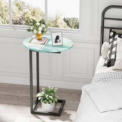 C Shaped End Side Table, Small Oval Couch Sofa Table for Bed, Snack Side Table with Metal Frame, TV Tray Table with White Marble for Small Space, Living Room, Bedroom, Bedside(Sea Blue) - color: Sea Blue+black