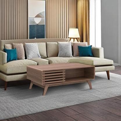 mopio Ensley Dual-Side Storage Coffee Table – Mid Century Modern Fluted Wood Table with 4 Compartments for Living Room Organization, Curved Safety Edges, Tapered Legs (Walnut, 39.2" W x 23.2" D) - color: Walnut