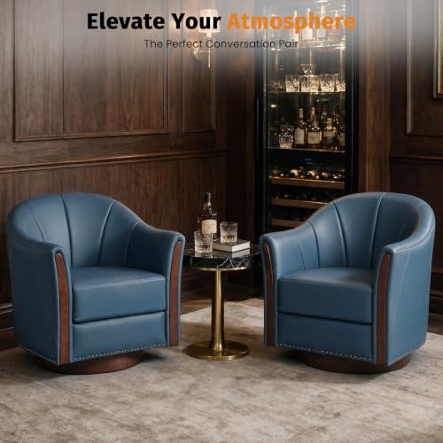 360° Swivel Accent Chair, Faux Leather Swivel Barrel Chairs | Nailhead Trim & Wood Base, Round Armchair Club Chair, Modern Reading Chairs for Living Room (BX01, Wood Blue) - color: Wood Blue