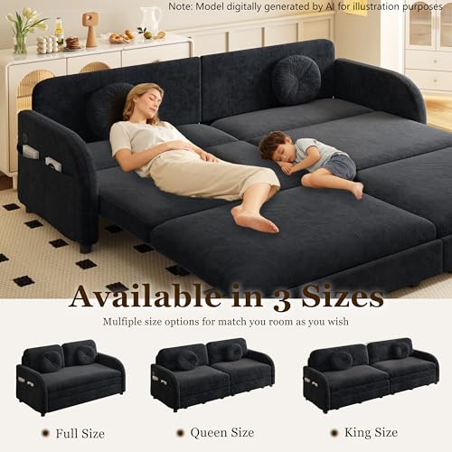 81.1'' King Size Sleeper Sofa Bed, 3-in-1 Pull Out Chenille Couch, Black | Cozy Curved Armrest, Loveseat with USB, 2 Round Pillows, Washable Cover, Pocket, for Living Room, Apartment, Small Spaces, RV - color: Black, size: 81.1'' King