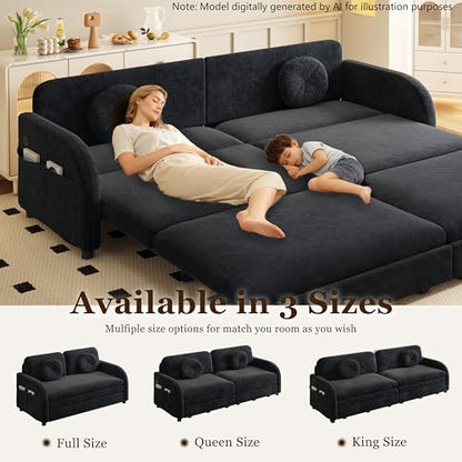 81.1'' King Size Sleeper Sofa Bed, 3-in-1 Pull Out Chenille Couch, Black | Cozy Curved Armrest, Loveseat with USB, 2 Round Pillows, Washable Cover, Pocket, for Living Room, Apartment, Small Spaces, RV - color: Black, size: 81.1'' King