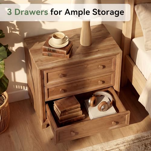 Solid Wood Nightstand with 3 Drawers, 31.5” Wide Bedside Table with Round Wooden Knobs & Low-Profile Legs for Stability, Mid-Century Modern Night Table for Bedroom, Easy Assembly