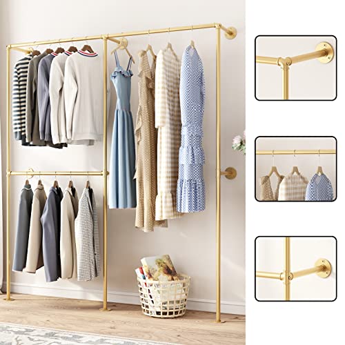 DR.IRON Industrial Pipe Gold Clothing Racks with Double Bar, Industrial Pipe Clothes Racks Wall Mounted, Heavy Duty Gold Closet Rods for Hanging Clothes Organizer Storage - color: Gold-71