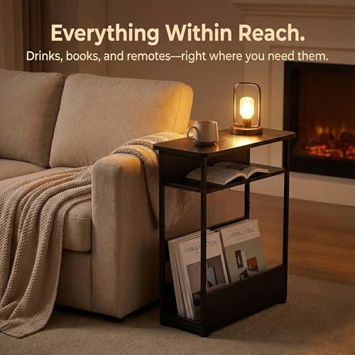 Narrow Side Table,3-Tier Slim End Table with Storage Shelf,Modern Sofa Table Thin Side Table for Narrow and Small Spaces, Skinny Bedside Table Small Nightstand with Magazine Rack Space Saving/Black - color: Black