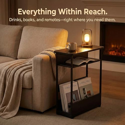 Narrow Side Table,3-Tier Slim End Table with Storage Shelf,Modern Sofa Table Thin Side Table for Narrow and Small Spaces, Skinny Bedside Table Small Nightstand with Magazine Rack Space Saving/Black - color: Black