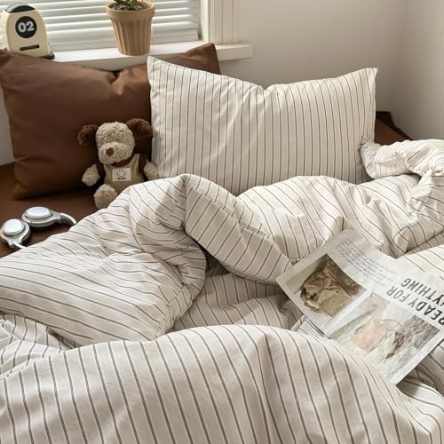 mixinni Vintage Striped Twin Duvet Cover Set, 3 Piece Premium Washed Microfiber Minimalist Beige Brown Stripes Bedding, Neutral Comforter Cover with Hidden Zipper & Corner Ties for Men Women - color: 04 - Neutral Cream Brown Stripes, size: Twin(68" x 86")