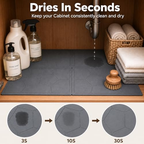 Stone Under Sink Mat,Quick Drying Diatomite Stone Kitchen Cabinet Protector Suitable for 34" x 22", Spliceable Design Super Absorbent Non-Slip Shelf Liner Pad for Bathroom Organizer and Storage