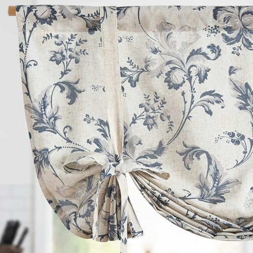 jinchan Linen Blend Kitchen Valance Curtain, Tie up, 42x45, 1 Panel, Blue | Light filtering, linen blend, rod pocket, farmhouse style, rustic decor, kitchen, bathroom, laundry room, RV, small windows - color: Botanical | Blue on Linen, size: 42"W x 45"L (