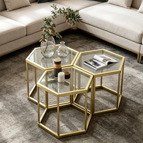 Hexagonal Modular Coffee Table, Gold Plated Frame, Tempered Glass Top, Geometric Accent Side Table, Multi-Purpose Nesting Table for Living Room Bedroom, Set of 3 - size: 3 Piece