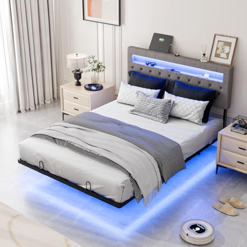 VINGLI Full Size Floating Bed Frame with LED Lights, Adjustable Velvet Upholstered Bed with Charging Station, Modern Metal Full Bed, Easy Assembly, No Box Spring Needed, Grey - color: Grey, size: Full
