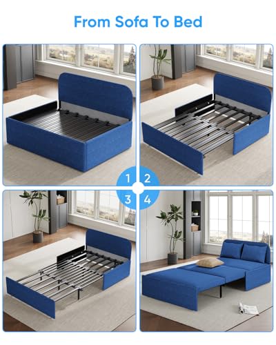 43.3" Twin Size Pull Out Sofa Bed，3-in-1 Linen Convertible Sleeper Sofa Bed,Loveseat Pullout Bed with Pillows and Tri-fold Mattress for Small Space/Bedroom,Dark Blue - color: Dark Blue, size: Twin