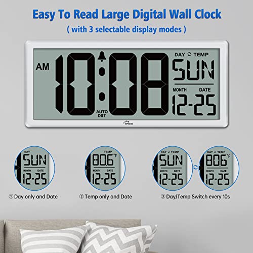 14.5'' Large Digital Wall Clock Battery Operated | Jumbo Numbers, Temperature and Date, Easy to Read and Set, Auto DST, Large Display for Garage, Office, Classroom - color: White