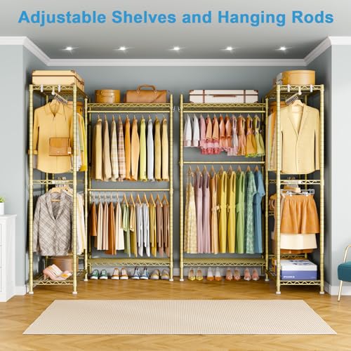 E4L Corner Clothes Rack, L Shaped Garment Rack, Heavy-Duty Freestanding Closet System with Shelves and Hangers, Max Load 962lbs, 42.7" W x 42.7" D x 79.3" H, Gold - color: Gold
