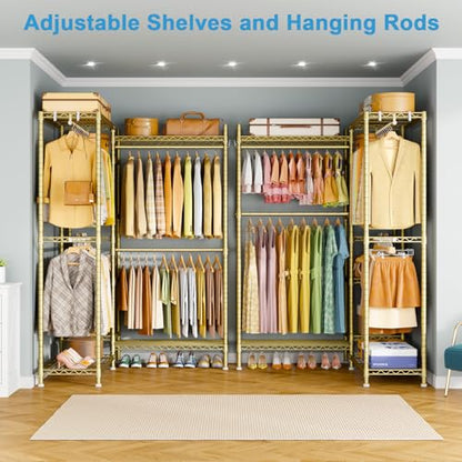 E4L Corner Clothes Rack, L Shaped Garment Rack, Heavy-Duty Freestanding Closet System with Shelves and Hangers, Max Load 962lbs, 42.7" W x 42.7" D x 79.3" H, Gold - color: Gold