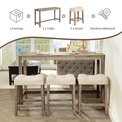 59" Counter Height Bar Table Set with Power Outlet, Industrial Breakfast Table with 3 Padded Stools, 4 Piece Bar Table and Chairs Set for Living Room, Dining Room, Brown - color: R1-brown