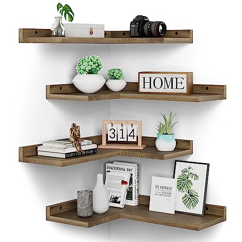 Floating Corner Shelves Set of 4, Rustic Pine Wooden Floating Corner Wall Shelf for Wall Décor Storage, L Shaped Corner Shelf Wall Mount For Bedroom, Living Room, Bathroom, Kitchen, Light Brown - color: Lightly Brown Corner Shelves