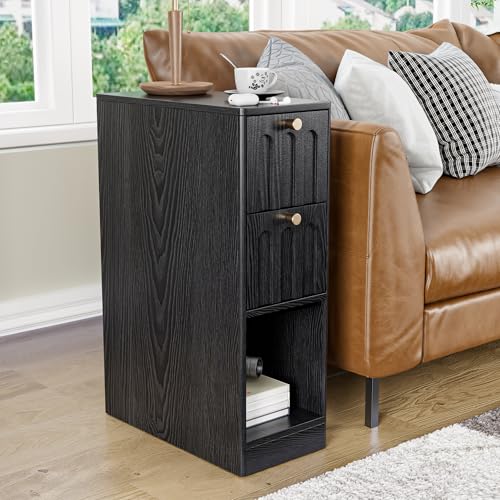 Black Small Nightstand Set of 2, Narrow Bedside Table with Arched Drawer, Wood Nightstand, Skinny Side End Table, Mid Century Modern Night Stand for Bedroom, Small Spaces, Slim, Boho - color: Z03-black-2 Pcs