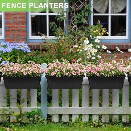 Railing Planter Box Adjustable Window Boxes Planters Set of 2, Black | Hanging Balcony Planters with Removable Bracket, Outdoor Plastic Flower Pots for Fence, Deck Railing, Porch, Patio Garden - color: Black