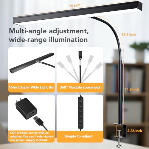 LED Desk Lamp with clamp, Remote Control Desk Lamp, 5 Color Modes & 10 Brightness Levels, 17'' Wide Light Bar, Eye Caring Gooseneck Desk Light, Adapter Included - color: Black