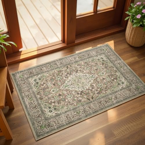 Green Small Washable Area Rug, 2x3 Boho Vintage Entryway Rugs, Soft Non Slip Floral Door Mat, Aesthetic Low Pile Carpet for Front Door Entry Carpets Entrance Bedroom Kitchen - color: Green, size: 2' x 3' (Rectangular)