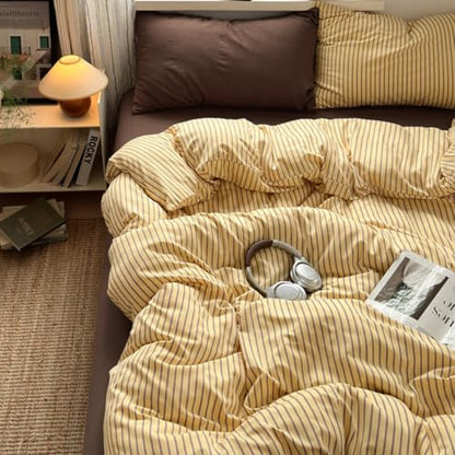Striped Duvet Cover Queen Yellow Bedding Set with Brown Stripes | Soft Lightweight Microfiber Duvet Cover Set 3 Pieces Striped Quilt Cover with 2 Pillowcases, Zip Closure, No Insert - color: Brown Striped, size: Queen (1 Duvet Cover + 2 Pillowcases)
