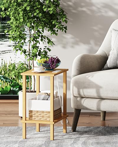 TUTOTAK End Table with Charging Station, Side Table Set of 2, Nightstand | 2-Tier Storage Shelf, Bedside Table with USB Ports, Sofa Table for Small Space, Livingroom, Bedroom Natural TB01BN041 - color: Natural