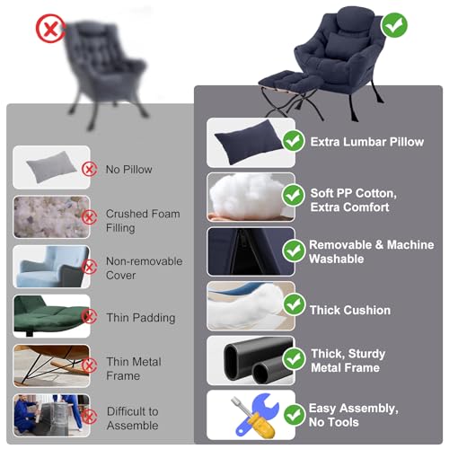 Lazy Chair with Ottoman, Reading Chair with Lumbar Pillow，Navy | Comfy Accent Lounge Chair with Pillow & folding Foot Stool, sturdy metal frame for bedroom, dorm or apartment, Living Room - color: Navy Blue