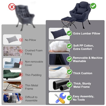 Lazy Chair with Ottoman, Reading Chair with Lumbar Pillow，Navy | Comfy Accent Lounge Chair with Pillow & folding Foot Stool, sturdy metal frame for bedroom, dorm or apartment, Living Room - color: Navy Blue