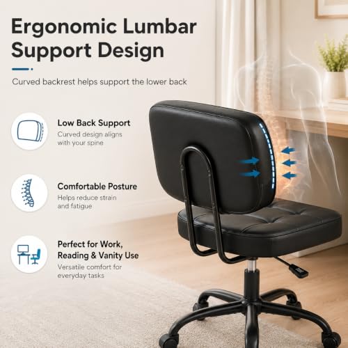 Armless Drafting Chair, Ergonomic PU Leather Home Office Computer Task Chair with Lumbar Support, Height Adjustable Swivel Rolling Chair for Small Spaces, Vanity, Bedroom, Study, Living Room, Black - color: Black -Basic