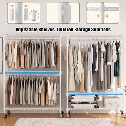 BATHWA Clothes Racks for Hanging Clothes, 25 mm tube Heavy Duty 47.3" W x 17.7" D x 80.7" H Large Wardrobe Rack with Shelves & Wheels Rolling Metal Commercial Multifuctional, White - color: White, size: Upgraded & Large