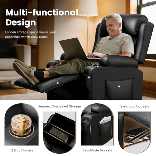 Home Theater Seating, Power Recliner Sofa Single Chair with Massage & Heat | Wall Hugger Reclining Single Chairs with USB, RV Furniture with LED Lights, Cup Holders for Movie Theater, Gaming Room - color: Black, size: 34" - 1 Seat