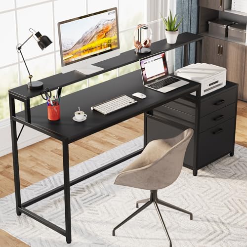 Tribesigns 63 Inch Computer Desk with File Drawer Cabinet, Home Office Desk | Ergonomic Office Desk with Monitor Stand, Industrial Computer Table with Printer Space, PC Table Workstation Desk, Black - color: Black