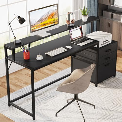 Tribesigns 63 Inch Computer Desk with File Drawer Cabinet, Home Office Desk | Ergonomic Office Desk with Monitor Stand, Industrial Computer Table with Printer Space, PC Table Workstation Desk, Black - color: Black