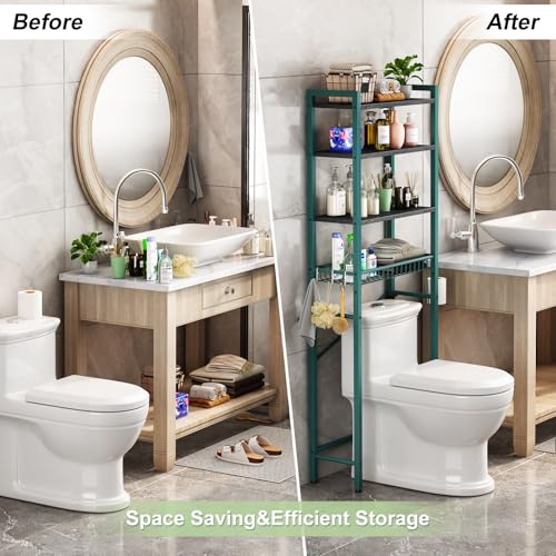 Kalrin Over-The-Toilet Storage Rack, 4-Tier Bathroom Organizer Shelf Over Toilet with Adjustable Shelf and Basket, Freestanding Space Saver Bathroom Shelves Above Toilet for Room (Green- Black) - color: Green- Black