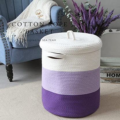 Sea Team Large Woven Cotton Rope Laundry Basket with Lid, 20 x 16 in | Collapsible Knitted Hamper with Handles, Lidded Closet Shelf Organizers for Clothing, Blankets, Toys, Bedding, Lavender - color: White & Lavender