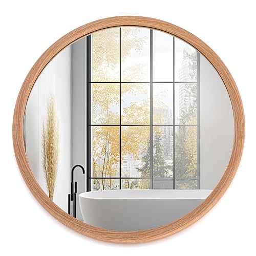 LVMU Round Oak Woodgrain Frame Wall Mirror 20 Inch Rustic Farmhouse | Decorative Brown Circle Mirrors for Bathroom Hanging Vanity Mirror Hallway Entryway Bedroom (Oak, 20"L x 20"W) - color: Oak