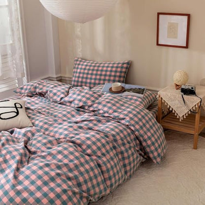 mixinni Plaid Duvet Cover Set Twin Purple - Soft Washed Cotton Modern Geometric Bedding Set with 2 Pillowcases, Pink Blue Gingham Grid Twin Duvet Cover for Men & Women, Soft & Lightweight - color: 02 - Purple/Pink/Blue Plaid, size: Twin