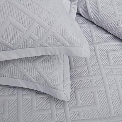 CHIXIN Quilt Queen Size - Geometric Pattern Bedspread Coverlet Set - Modern & Contemporary Style Bedding Cover, Ultrasonic Quilting, Reversible, Lightweight, 4 Piece, Light Grey - color: 1- Grey, size: Full/Queen(90"x92")