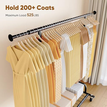 HOKEEPER Clothes Rack Collapsible Clothing Rack Capacity 525LBS Black | Clothing Racks on Wheels Heavy Duty Rolling Clothes Rack for Hanging Clothes for bedroom, Commercial, 22"D x 75"W x 71"H - color: Black