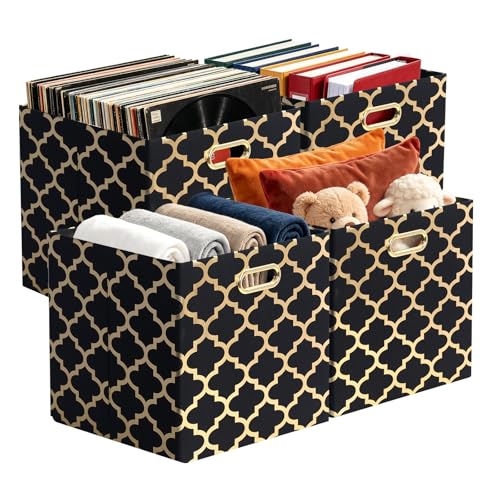 Posprica 11x11x11 Storage Cube Bins, Collapsible Storage Bins Fabric Storage Cubes Organizer Baskets Box Drawers for Shelves, Closet, Wardrobe, Bookshelf, Cabinet (Set of 4, Black/Gold lantern) - color: Black/Gold Lantern, size: 11×11×11/4pcs