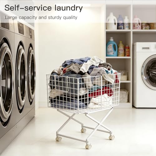 Rolling Laundry Basket with Wheels, 27" Elevated 80L Cart White | Durable metal cart with 360° swivel wheels glides smoothly, while the 27" elevated design reduces bending