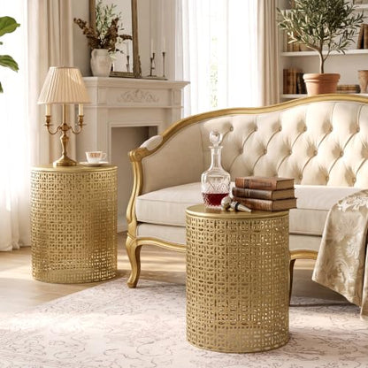 Homebeez Modern Nesting Tables Set of 2, Round Metal End Table, Gold | Accent Side Tables for Living Room & Bedroom, No Assembly Nightstands - color: Gold