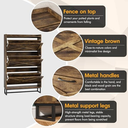Maupvit Shoe Storage Cabinet with 3 Flip Drawers, Freestanding Organizer with Metal Legs for Entryway, Narrow Shoe Rack Cabinet, Rustic Brown - color: Rustic Brown, style: 3-Drawers